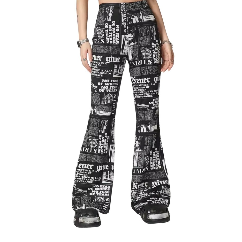 Y2K Newspaper Print Flared Pants Graphic Typographic Text Lounge Pants Medium